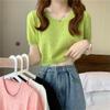Camiseta de Manga Corta con Cuello Redondo Nueva Transfronteriza para Personas Sexys en Verano, Top Corto de Punto, Camiseta de Capa Interior Moderna y que Reduce la Edad