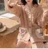 Pijama de Fleece Coral para Mulheres, Espessado Outono/Inverno Fofo Flanela Roupa de Casa, Pode Ser Usado Fora, Conjunto de Robe Cardigan de Manga Longa