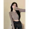 Suéter de Tricô Sexy Quente com Gola Redonda para Mulheres, Estilo Coreano de Outono, Slim Fit, Camiseta Curta, Top Básico Puro e Estiloso