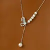 Popular Collar de Plata de Ley S925, Diseño de Lujo Ligero de Nicho con Mariposa de Nácar, Borla de Perlas, Colgante para Clavícula, Accesorio de Alta Gama