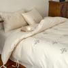 Juego de Ropa de Cama Bordada con Lazo de Algodón Francés Cepillado de Cuatro Piezas Otoño e Invierno Corazón de Niña Funda de Edredón Cálida de Algodón Puro
