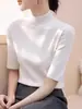 Camiseta básica retro de manga corta para mujer, cuello alto medio de alta gama, manga tres cuartos, camiseta de punto ajustada A7691