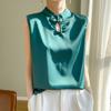 Novo Qipao Feminino Curto Estilo Chinês em Cetim de Seda Primavera/Verão 2026 com Fechamento por Botão, Camiseta Solta, Top Versátil Sem Mangas Emagrecedor