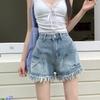 Shorts Jeans Rasgado com Franjas Estilo Retro Americano Feminino Spice Girls Cintura Alta Emagrecedor Listrado Perna Larga Forma A Calça Listrada Hot Pants