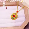 Novo Colar Pingente Filigrana Oca Estilo Chinês Imitação de Rubi, Pingente Filigrana Flor de Fênix Esmalte Resina Ouro de Areia Tradicional