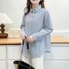 Camisa Feminina Plus Size Nova Estilo Outono Fresca e Simples Manga Longa com Gola Bordada de Gato e Listras, Adequada para 90 kg, 0717