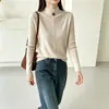 Suéter de malha feminino com gola semi-alta, suéter pulôver Andy de veludo outono/inverno slim fit, suéter macio e aconchegante, peça básica elegante com gola dobrada