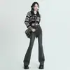 Jeans Retro Estilo Americano Micro-acampanados para Mujer Forma de Pera Cintura Alta Ajustados Elásticos Pantalones Cortos Tipo Horseshoe Spice Girl