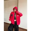 Cardigã com capuz estilo retrô americano bordado com estrelas, vermelho, modelagem solta, versátil, com listras verticais, peça de outer wear casual para casal, moderno