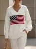Suéter de Tricô Solto com Decote V Estilo Europeu para Mulheres, Pulôver de Manga Longa com Padrão da Bandeira Americana, Branco, Novo para Outono/Inverno