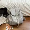 Mochila casual artística de lona estilo japonés, mochila escolar de moda con cordón y pliegues, mochila simple de tela de nailon de gran capacidad