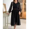 El tamaño ha sido actualizado. Vestido de gasa semitransparente elegante con cuello en V, estilo chic coreano y francés, falda de longitud media con cinturón