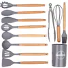 Utensílios de Cozinha de Silicone com Cabo de Madeira Transfronteiriços Conjunto de 12 Peças para Cozinha, Espátula de Silicone Antiaderente, Concha, Espátula de Fritar, Escorredor, Modelo Novo