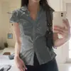 Kaikuo Transfronteiriço Primavera/Verão 2026 Estilo Francês Camisa de Manga Curta com Pregas Patchwork Gola Reversível Versátil Cintura Marcada Emagrecedor Top Estilo College