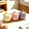 Estilo Minimalista Nórdico Frasco para Condimentos Caja de Cerámica para Condimentos para Uso Doméstico con Tapa y Bandeja de Madera, Contenedor Redondo para Condimentos para Glutamato Monosódico y Sal