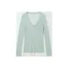 Camiseta base soluble en agua de lana de oveja pura para otoño e invierno para mujer, cuello en U, corte ajustado, manga larga, ligera, cálida, agradable para la piel, no pica, adecuada para usar en capas