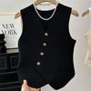 Colete Design para Uso Externo de Verão Feminino, Novo Elegante Gola V Botão Oblíquo Retro Francês Cintura Afunilada Top Sem Mangas