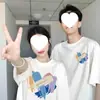 Conjuntos de Algodón Puro Peinado Ajustados con Temática de Amor para Parejas, Ropa de Verano para Hombre y Mujer, Serie Azul de Manga Corta Nuevo Diseño Nicho Estilo Hong Kong Camiseta