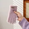 Luvas femininas de toque para tela, em pele sintética de vison, quentes e à prova de vento para o inverno, design de cinco dedos, adequadas para ciclismo, proteção contra o frio, felpudas e espessas para o inverno
