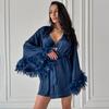 2026 Novo Estilo de Comércio Exterior Pijama Macio com Penas Texturizadas Costuradas Conjunto de Três Peças Roupa de Casa Europeia e Americana para Mulheres Atacado