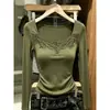 Elegante camiseta de manga larga con cuello cuadrado y encaje oscuro en contraste para mujer, nuevo estilo de principios de otoño, top súper estiloso y adelgazante