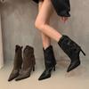 Otoño 2024 Nueva Llegada Pantalones Retro Franceses Botas Remaches Tacón Alto Tacón Medio Botas de Mujer Tacón Fino Punta Vaqueras Occidentales