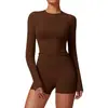 Top de Yoga com Gola Redonda e Manga Longa Costurada Mulher Toque Nude Secagem Rápida Slim Fit Cropped Camada Base Fitness Camiseta Esportiva de Manga Longa