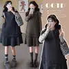 Moda Gestante Outono Inverno Novo Estilo Laço Top Interno Vestido com Babados de Camada Dupla Emagrecedor Esconde Barriga Conjunto Linha A