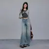 Jeans feminino transfronteiriço 2026, perna larga solta, fluido, bordado, lavado, azul vintage, calça comprida, azul, comprimento estendido, Yichun