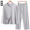Camisa de Algodão Puro com Botões para Ar Condicionado para Homens de Meia-Idade e Idosos, Conjunto de Pijama de Manga Longa, Cardigã Fino Solto de Verão, Roupa de Casa