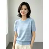 Clásico de verano Lyocell Tencel moda juvenil elegante adelgazante versátil cuello redondo rayas tejido top de manga corta