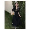 Vestido negro estilo colegial para mujer, talla grande, para chicas con sobrepeso, cintura con lazo, adelgazante, elegante, rejuvenecedor, cintura ceñida, falda larga