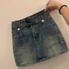 Saia Jeans Estilo Americano Retrô Hot Girl Feminina Design de Primavera e Verão Cintura Alta Emagrecedora Anti-reflexo Saia Reta Linha A Quadril