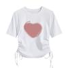 Camiseta de manga curta com cordão de ombro de algodão puro feminino verão 2024 Novo estilo doce e quente cintura alta camiseta curta estampada nicho