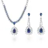 Set Transfronterizo de Joyería de Zirconia Microincrustada Estilo Europeo y Americano con Diseño de Flor de Gota de Agua Azul y Cadena para Clavícula Tachonada de Diamantes para Uso Diario