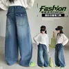 Calças Jeans Retas Novas de Outono para Meninas, Calças de Bolso Elegantes Soltas Emagrecedoras para Meninas Mais Velhas, Calças Longas da Moda para Meninas Mais Velhas