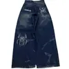 Jeans de Pierna Recta Azules Desgastados Plisados Estilo Americano Sueltos de Cintura Alta Moda Vintage Versátiles Modernos Casuales Y2K