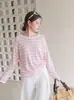 Camisa de seda gelada com blocos de cor e listras rosas estilo coreano para mulheres, cobertura fina de verão com proteção solar, camiseta de manga comprida