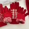 Luvas de tricô vermelhas de cinco dedos para todas as ocasiões, femininas, outono e inverno, estilo coreano, grossas, quentes, para andar de bicicleta, escrever, tela sensível ao toque, luvas de lã