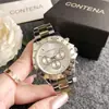 Tira de Acero Dorada Aguja Dorada de Tres Ojos Reloj Dominante para Hombre Reloj de Negocios de Alta Gama Reloj de Cuarzo Simple y de Moda