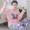 Pijamas Nuevos de Otoño e Invierno para Mujer, Franela Engrosada, Pantalones Largos Casuales de Dibujos Animados Dulces, Ropa de Casa de Terciopelo Coral para Mujer