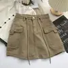 Saia Curta Jeans Cáqui para Mulheres, Anti-Exposição, Novo Estilo Outono 2025, Bolso Cargo, Cintura Alta, Corpo Justo Linha A