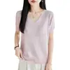 Camiseta básica de cuello en V para el día a día para primavera y verano, hecha de seda de hielo, camisa versátil de manga corta para mujer finamente elaborada con textura fresca, transpirable y elegante con detalles de ganchillo