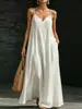 Vestido de verano de comercio exterior transfronterizo 2026 nuevo modelo con tirantes y escote en V vestido largo casual de moda con dobladillo grande vestido largo de color liso para mujer