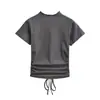 2026 Verão Novo Tricô de Gola Alta Manga Curta Camiseta Feminina Plissada Elástica Slim Fit Camada Base Regular nos Ombros