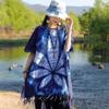 Bufanda de Hoja de Estilo Étnico Retro Nuevo para Mujer Suéter Teñido Azul Chal con Borlas Celebridad Cibernética TikTok Live Capa de Viaje