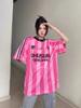 Estilo Americano Casual Celebridade da Internet Mesmo Estilo Design Listrado Senso de Jersey Manga Curta Masculina Solta Camiseta Esportiva Rosa Super Brilhante