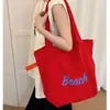 Bolsa de Lona Casual de Gran Capacidad Estilo Coreano para Mujer, Bolsa Tote Versátil con Cierre de Cordón y Diseño de Letras, Bolso de Hombro Portátil Elegante para el Día a Día