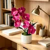 Orquídea Phalaenopsis Artificial com 7 Flores, Pequena Planta em Vaso com Listras Verticais para Decoração de Jardim Interno e Externo, Varanda, Ornamentação de Bonsai com Flor Artificial de Toque Realista