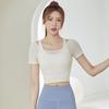 Traje de yoga de dos piezas de verano con tapete para el pecho para mujer, para correr, fitness, entrenamiento, costuras superiores ajustadas, secado rápido, deportivo, manga corta